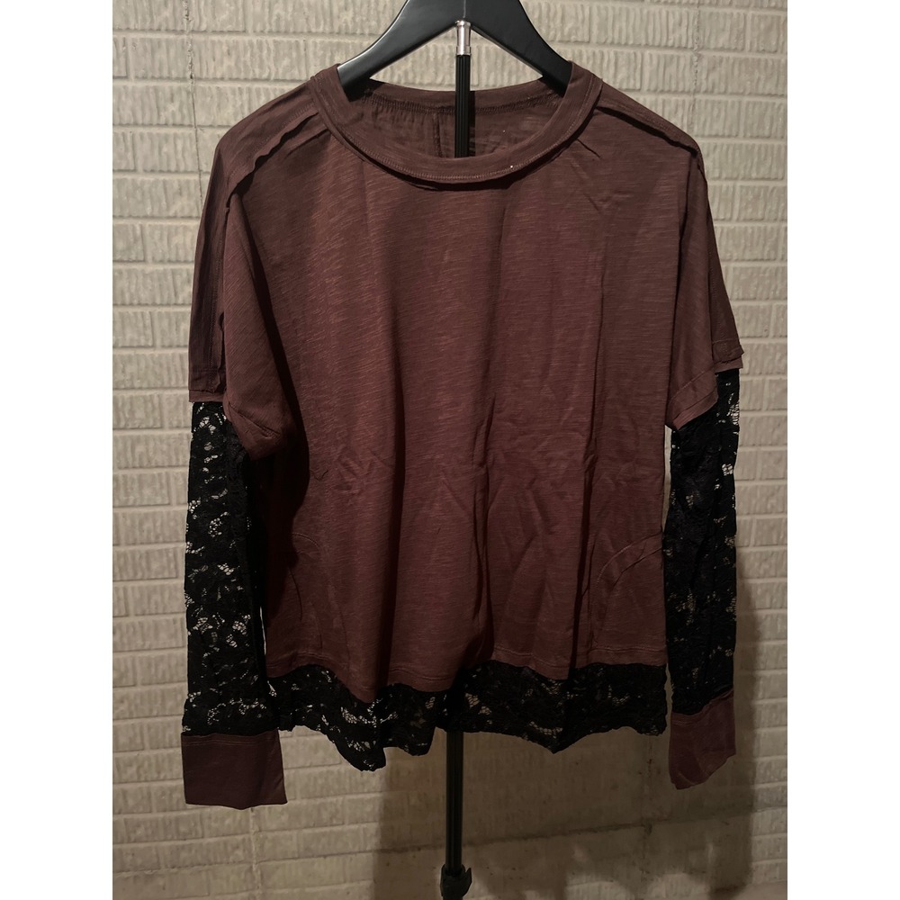 Womens Brown Lace Sleeve Layered Long Sleeve Top‎ Size M